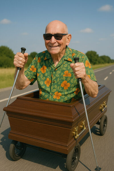 Mann im Sarg mit Laufstöcken